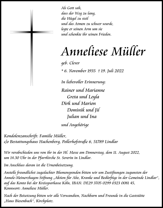 Anzeige von Anneliese Müller von Kölner Stadt-Anzeiger / Kölnische Rundschau / Express