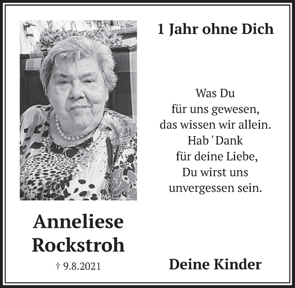  Traueranzeige für Anneliese Rockstroh vom 05.08.2022 aus  Werbepost 