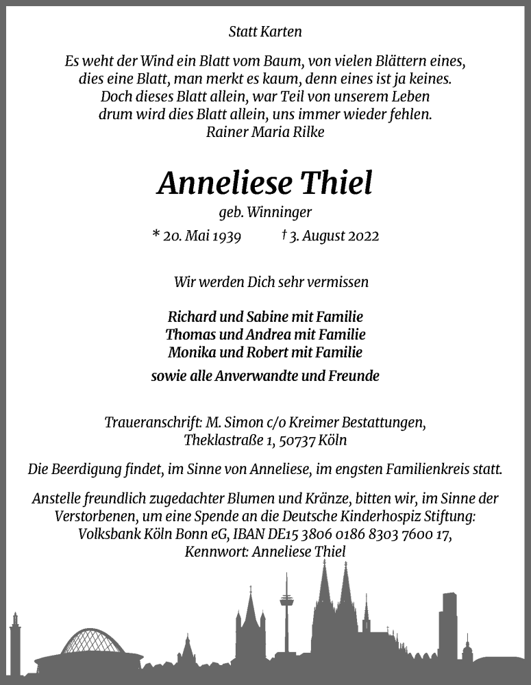  Traueranzeige für Anneliese Thiel vom 13.08.2022 aus Kölner Stadt-Anzeiger / Kölnische Rundschau / Express