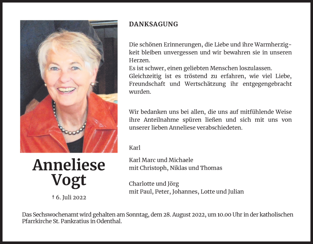  Traueranzeige für Anneliese Vogt vom 20.08.2022 aus Kölner Stadt-Anzeiger / Kölnische Rundschau / Express