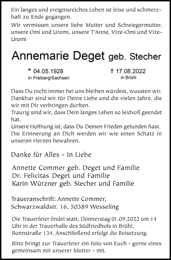 Anzeige von Annemarie Deget von  Schlossbote/Werbekurier 