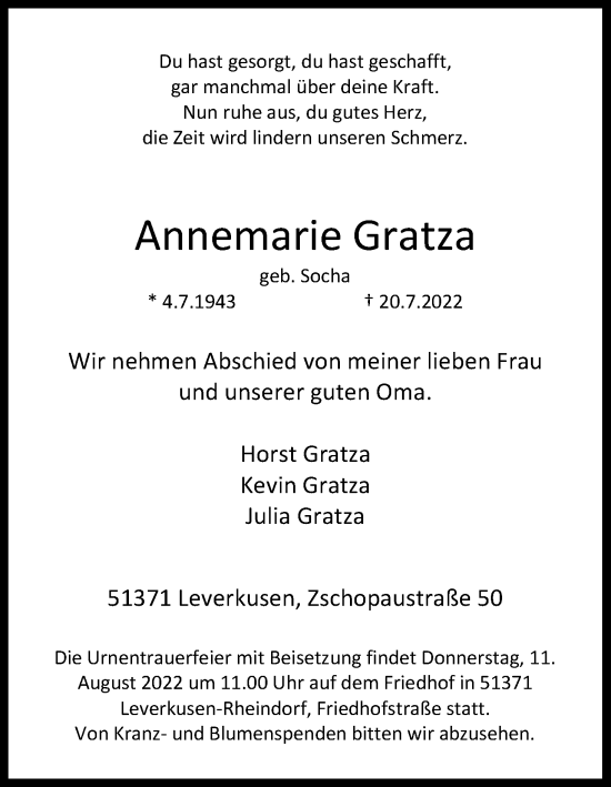 Anzeige von Annemarie Gratza von Kölner Stadt-Anzeiger / Kölnische Rundschau / Express
