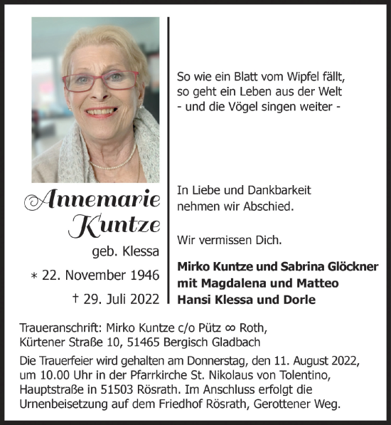 Anzeige von Annemarie Kuntze von  Bergisches Handelsblatt 