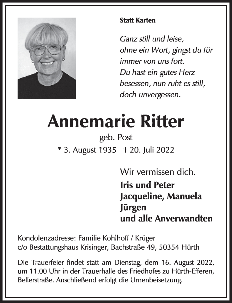  Traueranzeige für Annemarie Ritter vom 05.08.2022 aus  Wochenende 