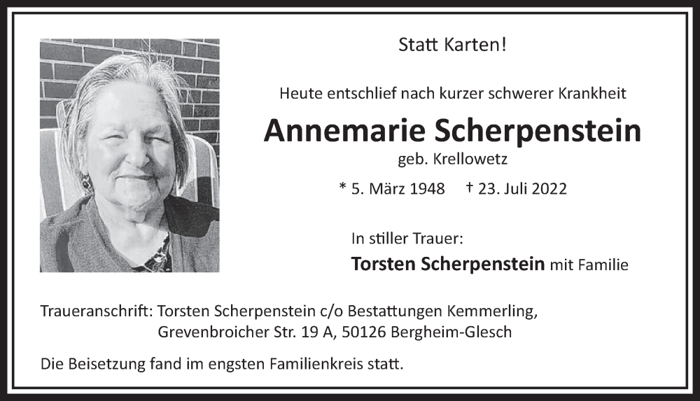  Traueranzeige für Annemarie Scherpenstein vom 12.08.2022 aus  Werbepost 