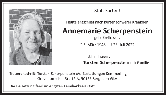 Anzeige von Annemarie Scherpenstein von  Werbepost 