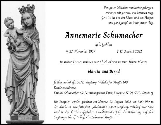 Anzeige von Annemarie Schumacher von Kölner Stadt-Anzeiger / Kölnische Rundschau / Express