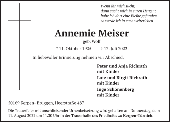 Anzeige von Annemie Meiser von  Werbepost 