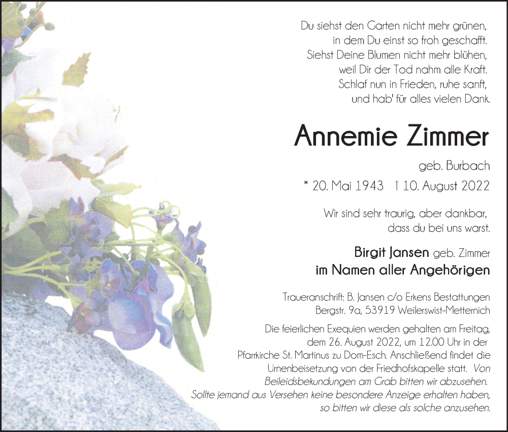  Traueranzeige für Annemie Zimmer vom 20.08.2022 aus Kölner Stadt-Anzeiger / Kölnische Rundschau / Express