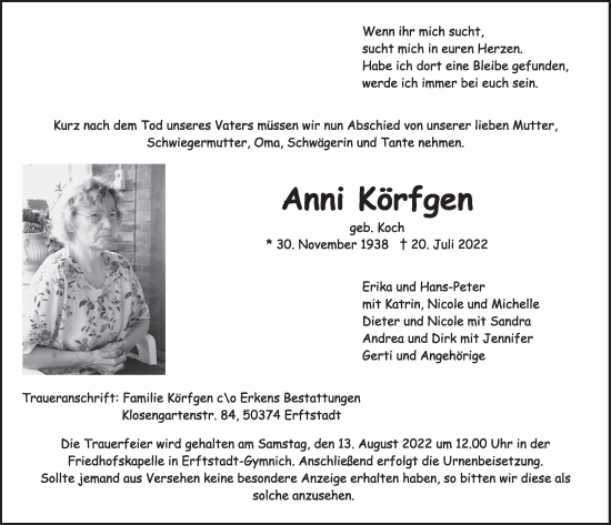 Anzeige von Anni Körfgen von  Werbepost 