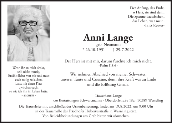 Anzeige von Anni Lange von  Schlossbote/Werbekurier 