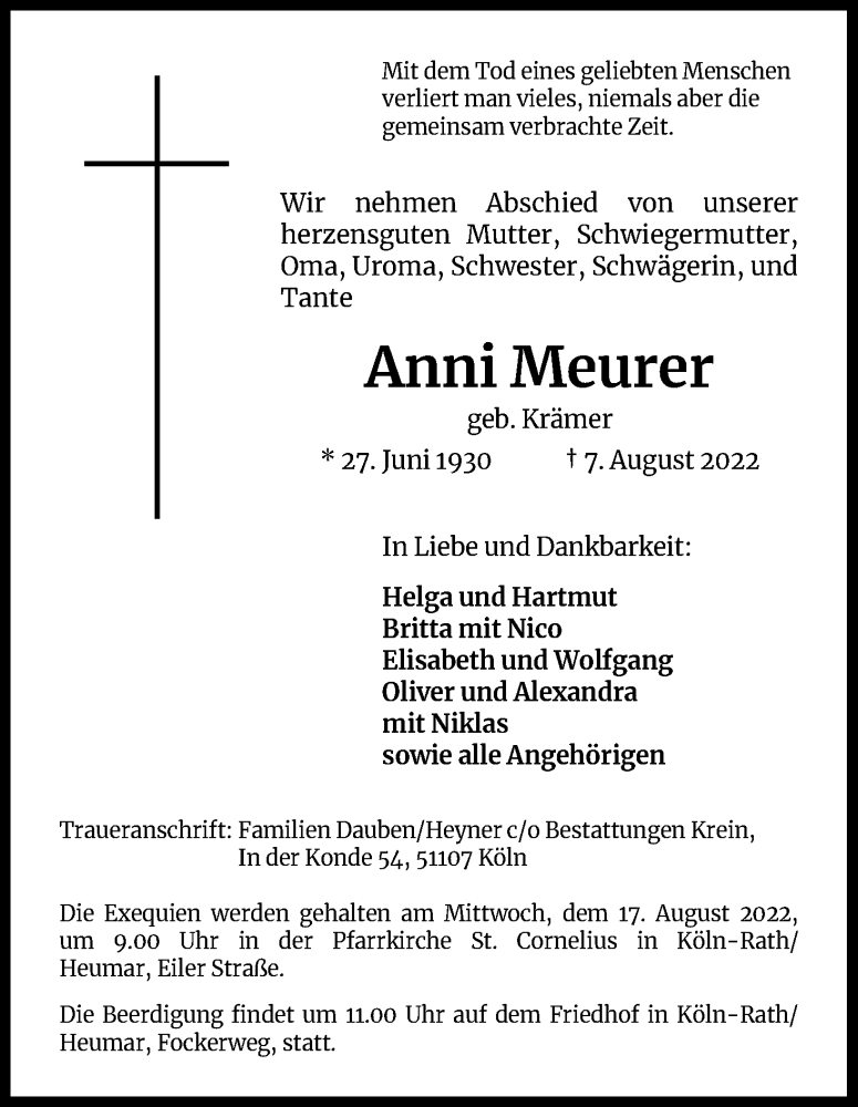  Traueranzeige für Anni Meurer vom 13.08.2022 aus Kölner Stadt-Anzeiger / Kölnische Rundschau / Express