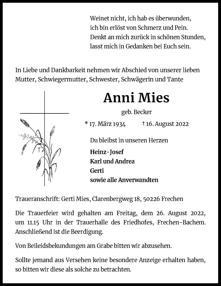  Traueranzeige für Anni Mies vom 20.08.2022 aus Kölner Stadt-Anzeiger / Kölnische Rundschau / Express