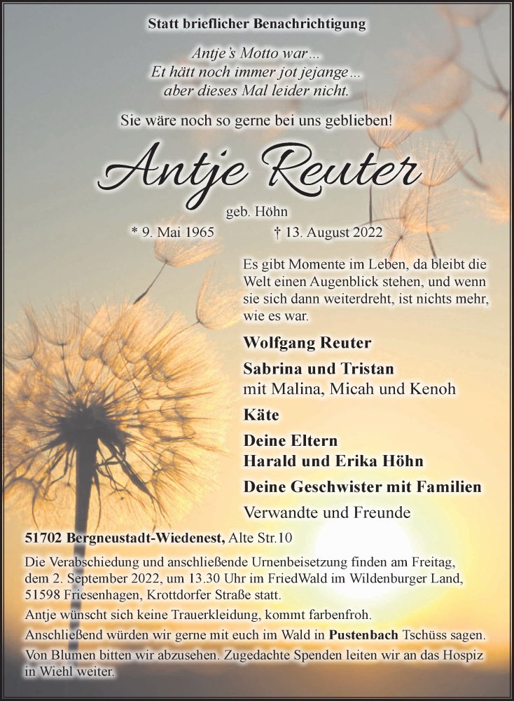  Traueranzeige für Antje Reuter vom 19.08.2022 aus  Anzeigen Echo 