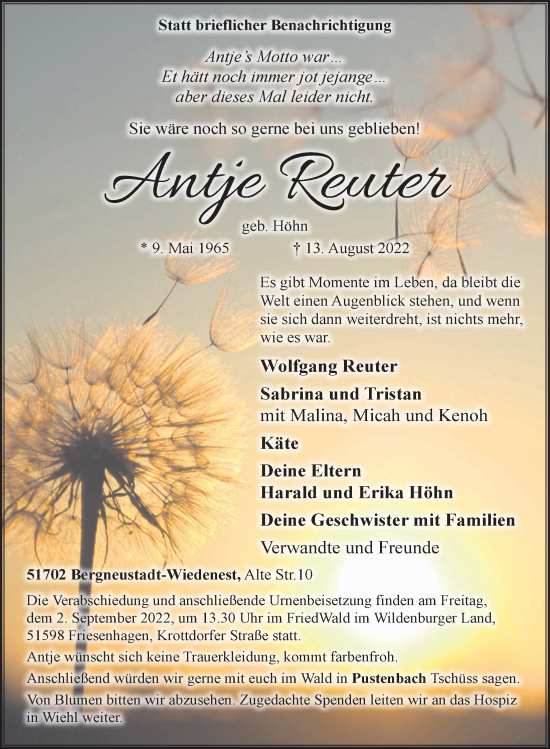 Anzeige von Antje Reuter von  Anzeigen Echo 