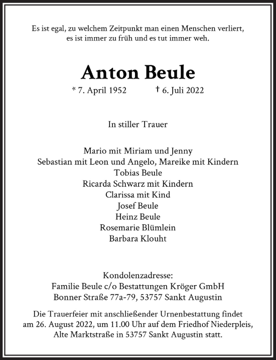 Anzeige von Anton Beule von  Extra Blatt 