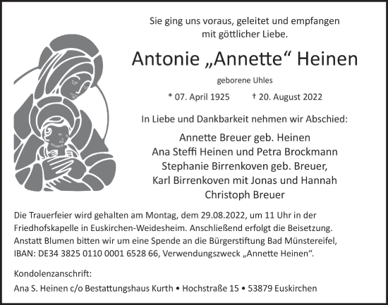 Anzeige von Antonie Heinen von  Blickpunkt Euskirchen 