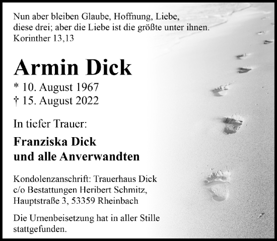 Anzeige von Armin Dick von  Schaufenster/Blickpunkt 