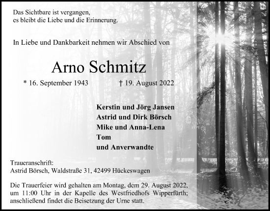 Anzeige von Arno Schmitz von Kölner Stadt-Anzeiger / Kölnische Rundschau / Express