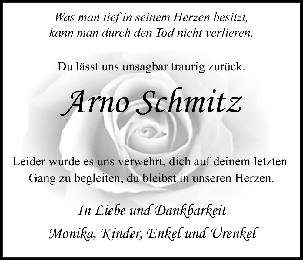  Traueranzeige für Arno Schmitz vom 27.08.2022 aus Kölner Stadt-Anzeiger / Kölnische Rundschau / Express