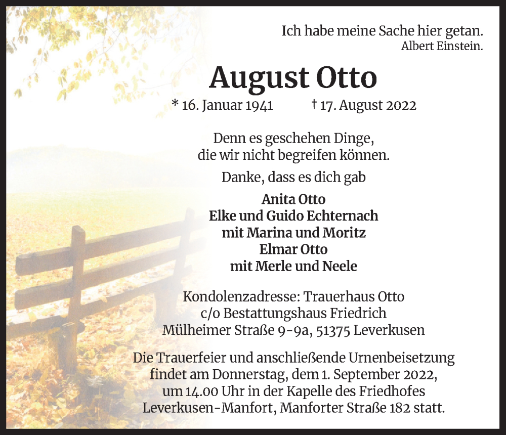  Traueranzeige für August Otto vom 20.08.2022 aus Kölner Stadt-Anzeiger / Kölnische Rundschau / Express