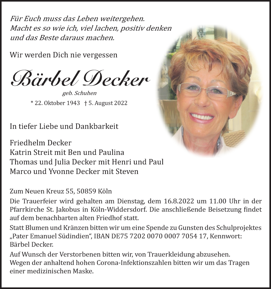  Traueranzeige für Bärbel Decker vom 13.08.2022 aus Kölner Stadt-Anzeiger / Kölnische Rundschau / Express