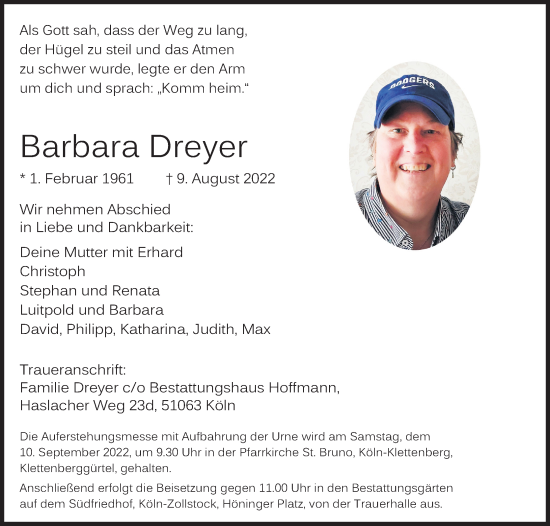Anzeige von Barbara Dreyer von Kölner Stadt-Anzeiger / Kölnische Rundschau / Express