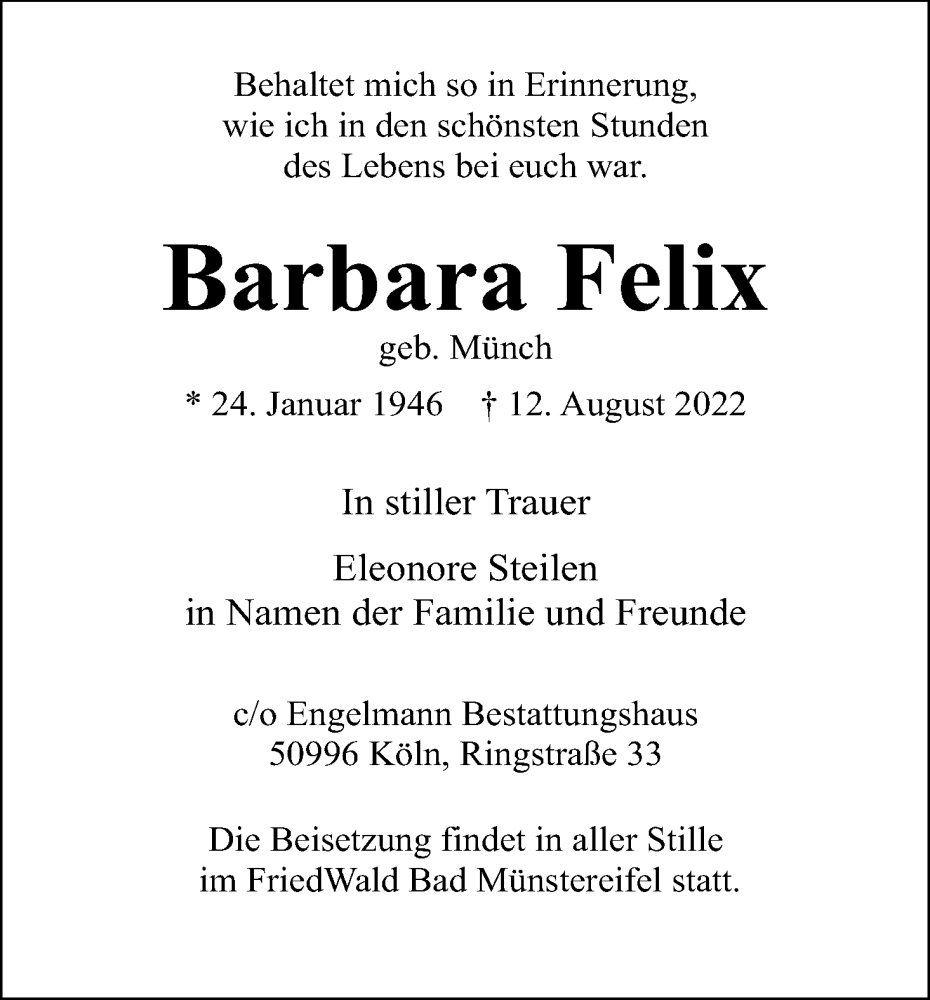  Traueranzeige für Barbara Felix vom 27.08.2022 aus Kölner Stadt-Anzeiger / Kölnische Rundschau / Express