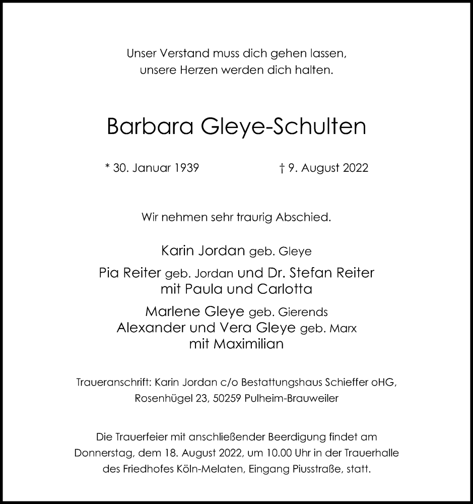  Traueranzeige für Barbara Gleye-Schulten vom 13.08.2022 aus Kölner Stadt-Anzeiger / Kölnische Rundschau / Express