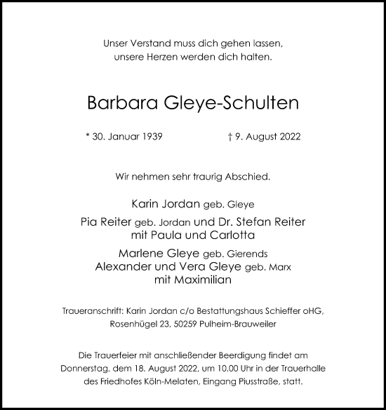 Anzeige von Barbara Gleye-Schulten von Kölner Stadt-Anzeiger / Kölnische Rundschau / Express