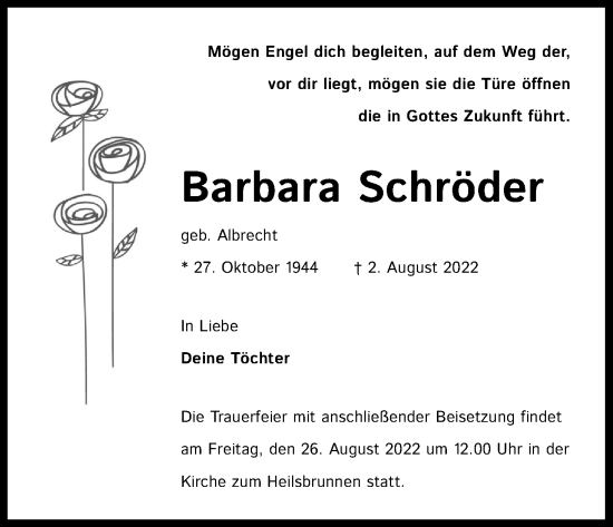 Anzeige von Barbara Schröder von Kölner Stadt-Anzeiger / Kölnische Rundschau / Express