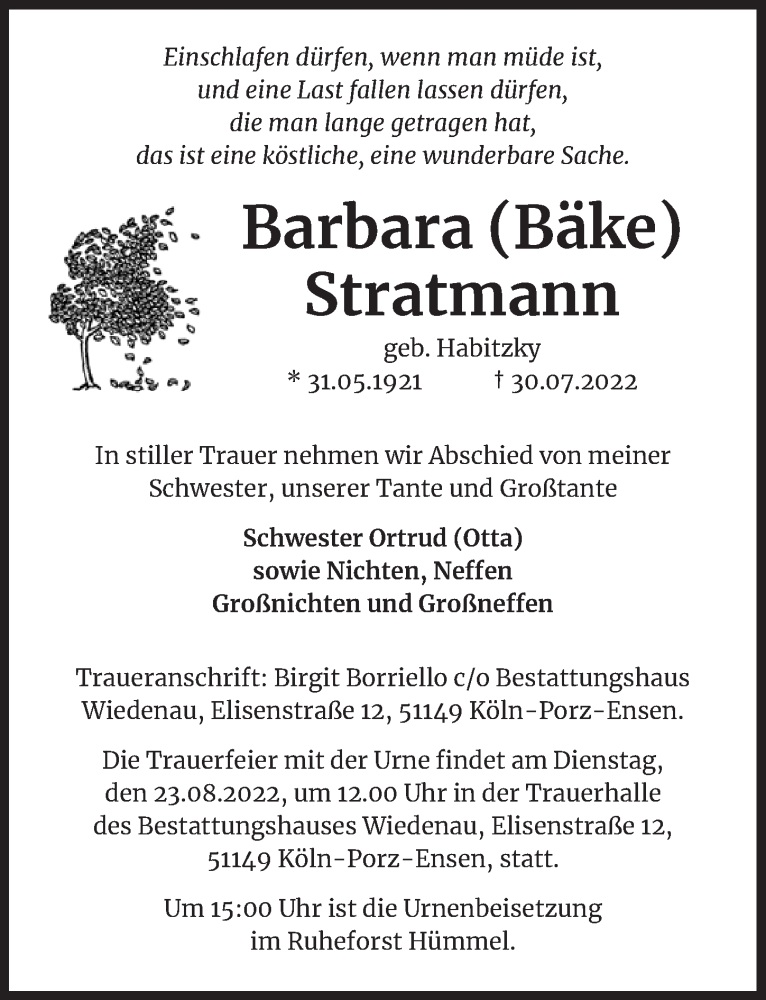  Traueranzeige für Barbara Stratmann vom 12.08.2022 aus  EXPRESS - Die Woche 
