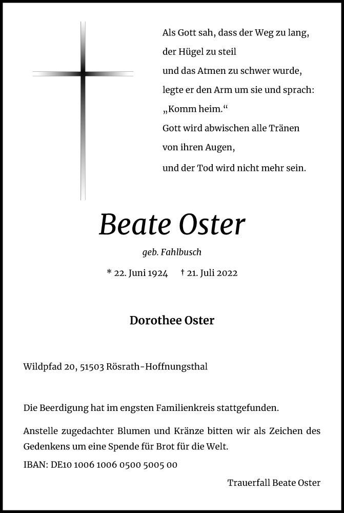  Traueranzeige für Beate Oster vom 06.08.2022 aus Kölner Stadt-Anzeiger / Kölnische Rundschau / Express