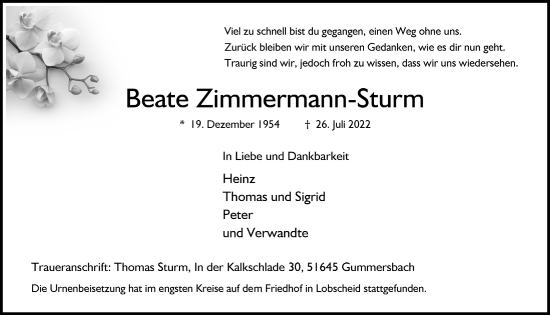 Anzeige von Beate Zimmermann-Sturm von  Anzeigen Echo 
