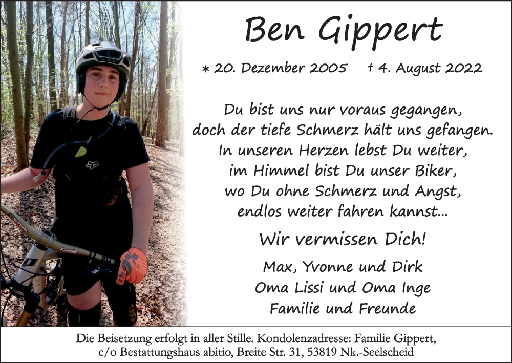  Traueranzeige für Ben Gippert vom 13.08.2022 aus Kölner Stadt-Anzeiger / Kölnische Rundschau / Express
