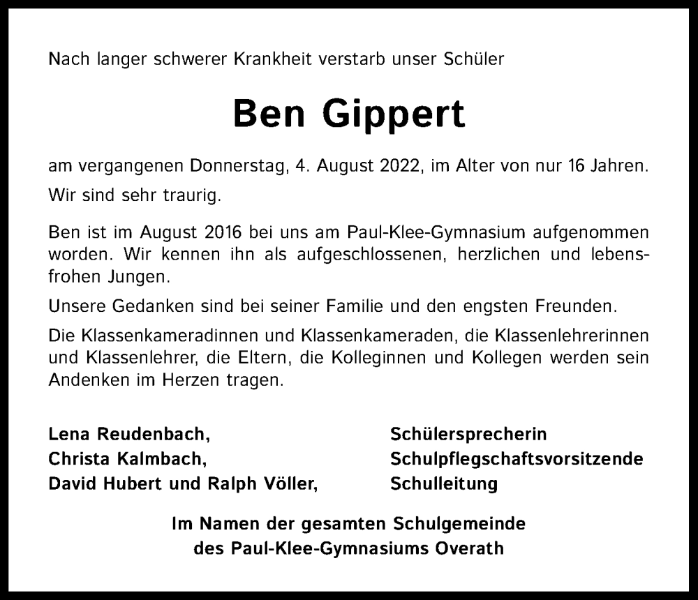  Traueranzeige für Ben Gippert vom 20.08.2022 aus Kölner Stadt-Anzeiger / Kölnische Rundschau / Express