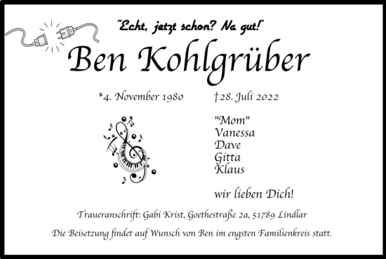 Anzeige von Ben Kohlgrüber von Kölner Stadt-Anzeiger / Kölnische Rundschau / Express