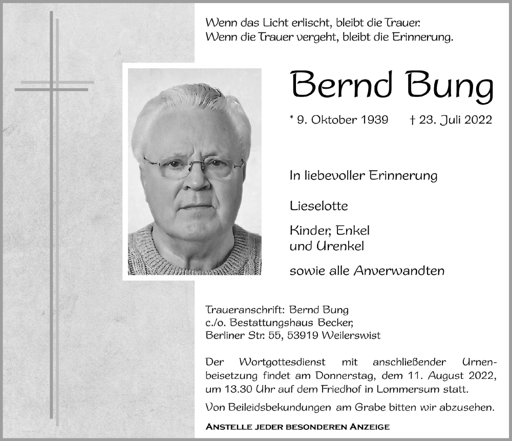  Traueranzeige für Bernd Bung vom 06.08.2022 aus  Blickpunkt Euskirchen 