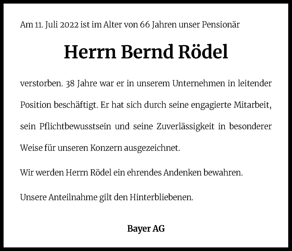  Traueranzeige für Bernd Rödel vom 03.08.2022 aus Kölner Stadt-Anzeiger / Kölnische Rundschau / Express