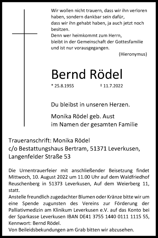 Anzeige von Bernd Rödel von Kölner Stadt-Anzeiger / Kölnische Rundschau / Express