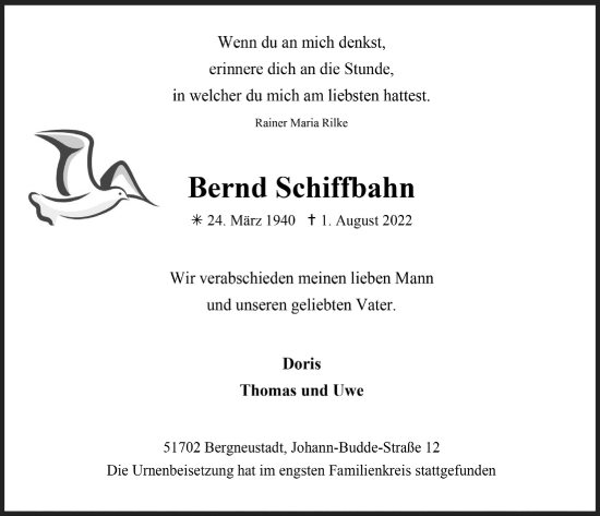 Anzeige von Bernd Schiffbahn von  Anzeigen Echo 