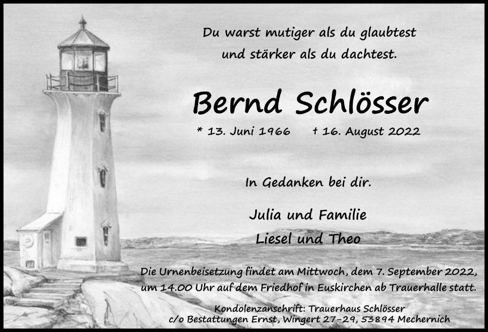  Traueranzeige für Bernd Schlösser vom 27.08.2022 aus  Blickpunkt Euskirchen 