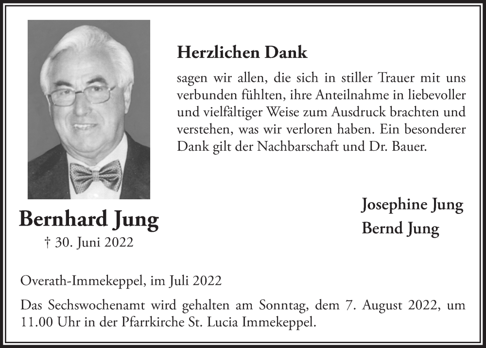 Traueranzeige für Bernhard Jung vom 05.08.2022 aus  Bergisches Handelsblatt 