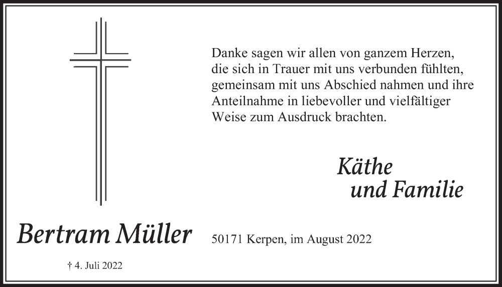  Traueranzeige für Bertram Müller vom 05.08.2022 aus  Werbepost 