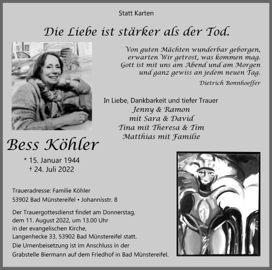 Anzeige von Bess Köhler von Kölner Stadt-Anzeiger / Kölnische Rundschau / Express