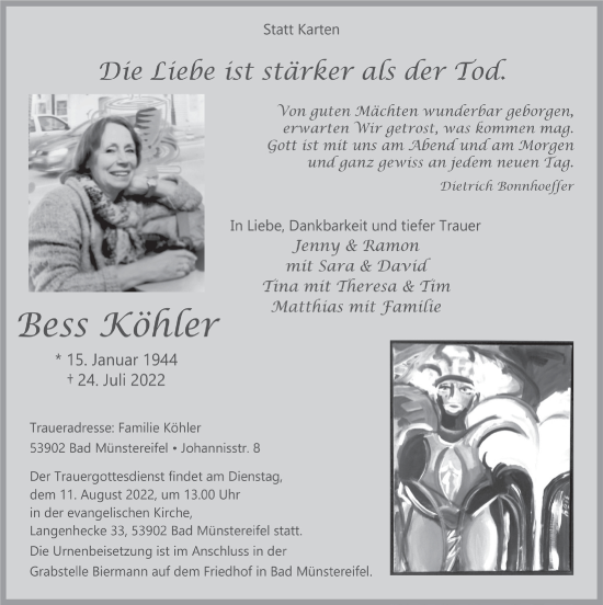 Anzeige von Bess Köhler von  Blickpunkt Euskirchen 