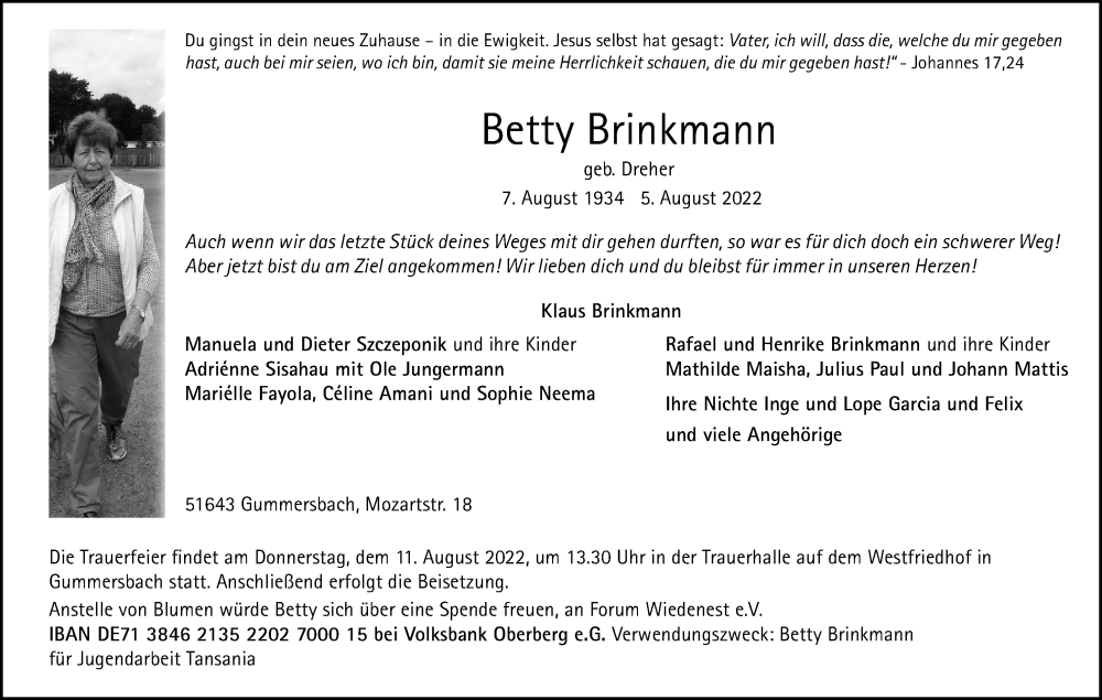  Traueranzeige für Betty Brinkmann vom 09.08.2022 aus Kölner Stadt-Anzeiger / Kölnische Rundschau / Express