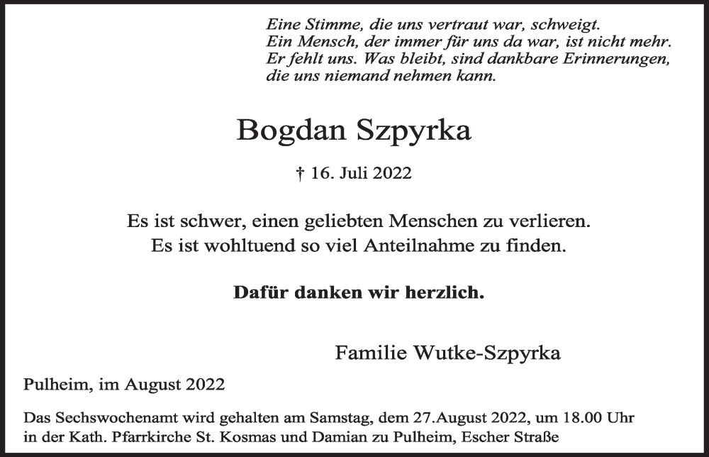  Traueranzeige für Bogdan Szpyrka vom 12.08.2022 aus  Wochenende 
