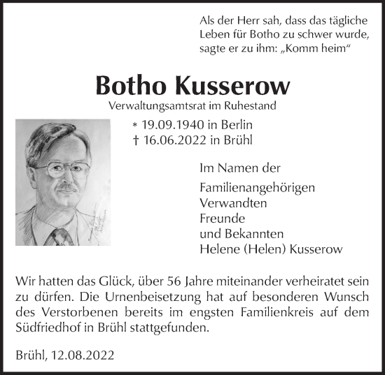 Anzeige von Botho Kusserow von  Schlossbote/Werbekurier 