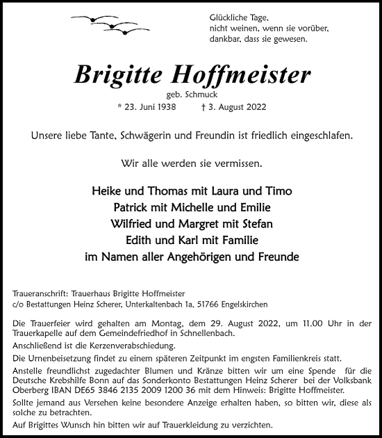 Anzeige von Brigitte Hoffmeister von  Anzeigen Echo 